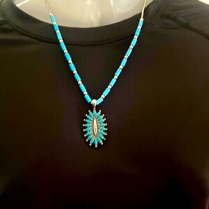 Turquoise Blue Beaded Necklace with Silver Accents​​​